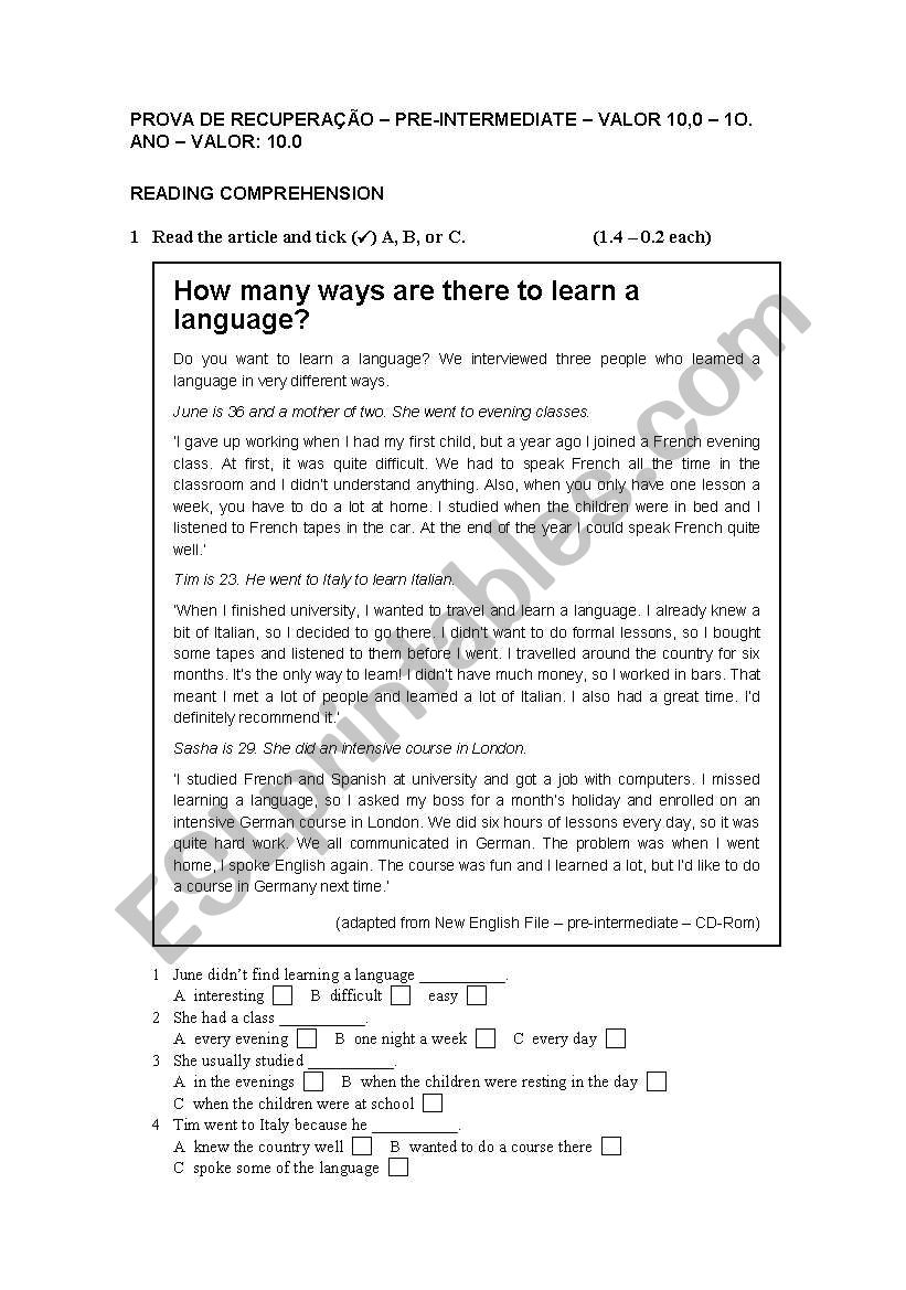 test for tennagers worksheet