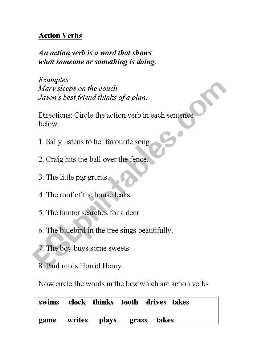 Action Verbs worksheet