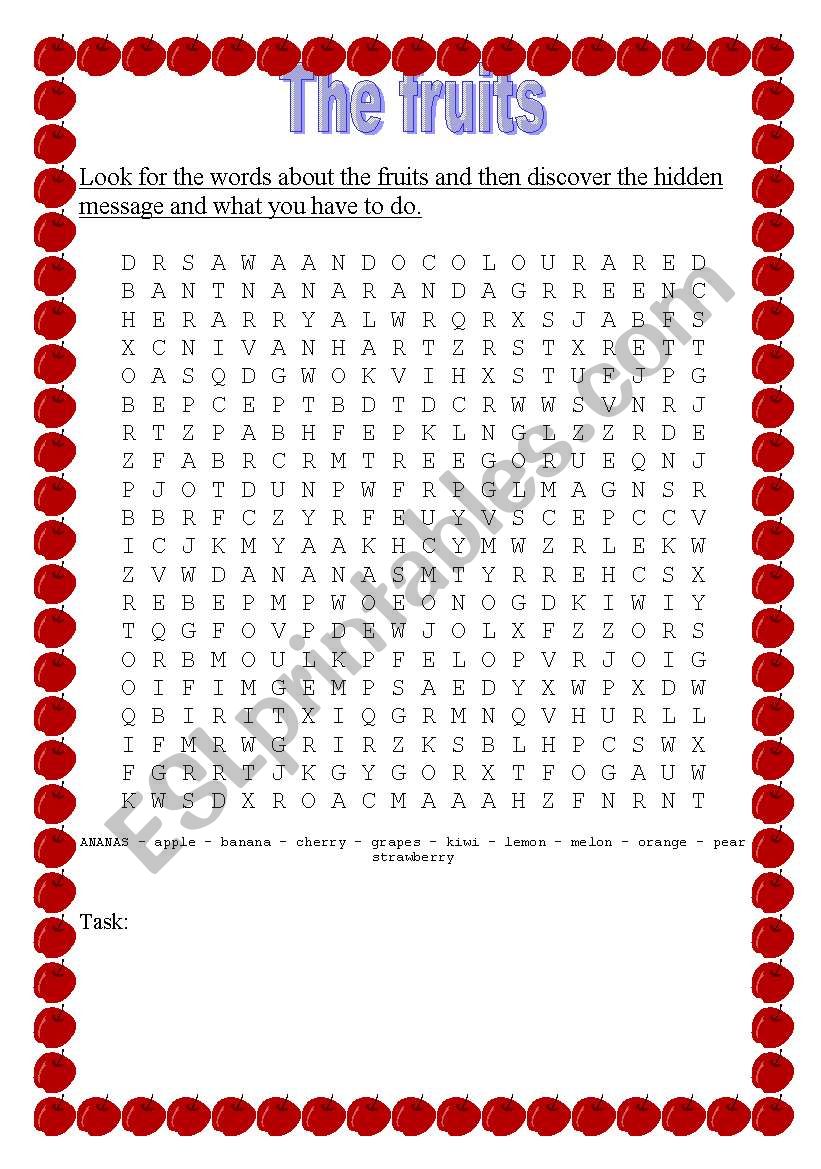 Fruits wordsearch + hidden message