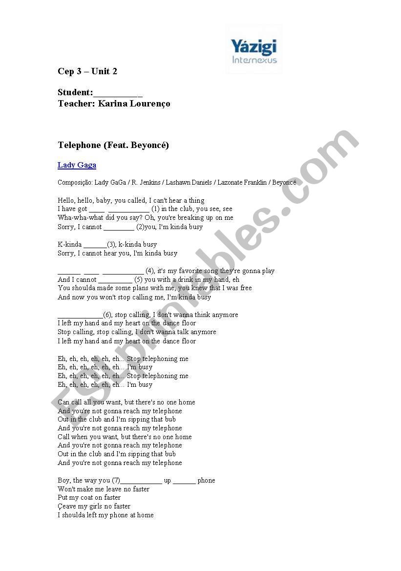 Telephone by Lady Gaga Worksheet