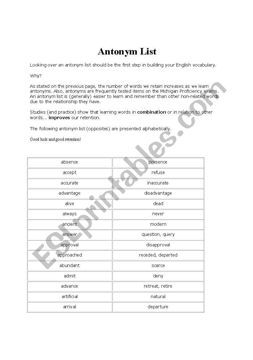 Antonym List worksheet