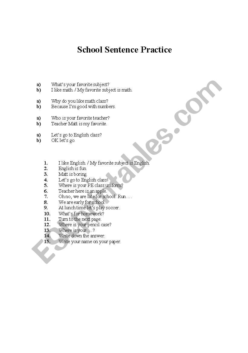 School Sentence Work worksheet