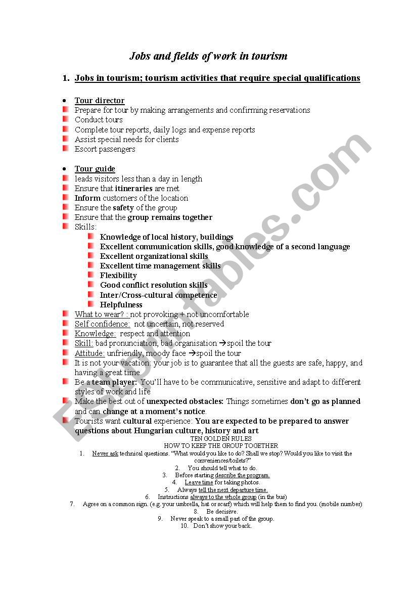 Jobs in tourism worksheet