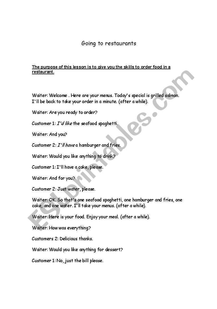 restuarant worksheet