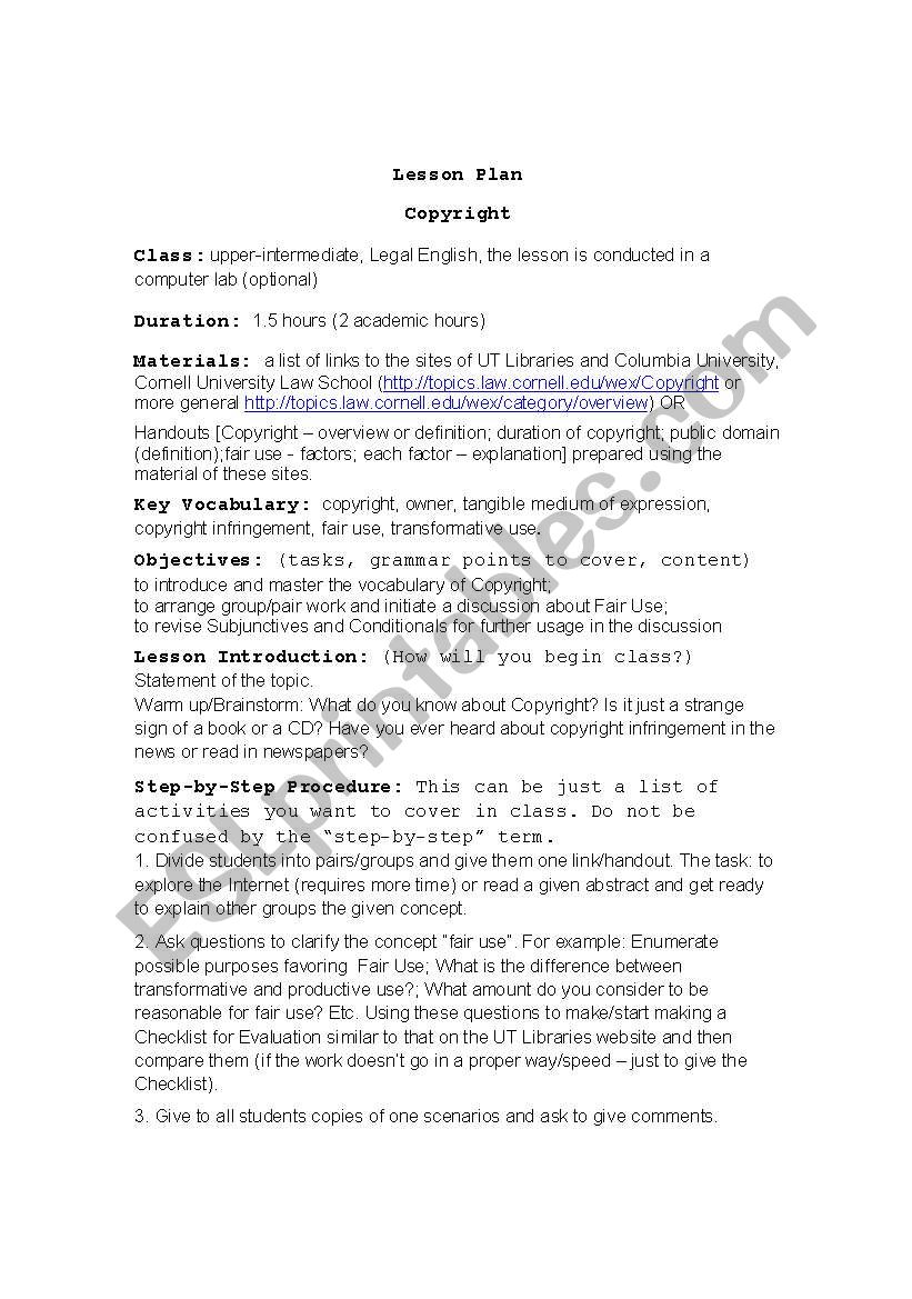 Copyright. Lesson Plan worksheet