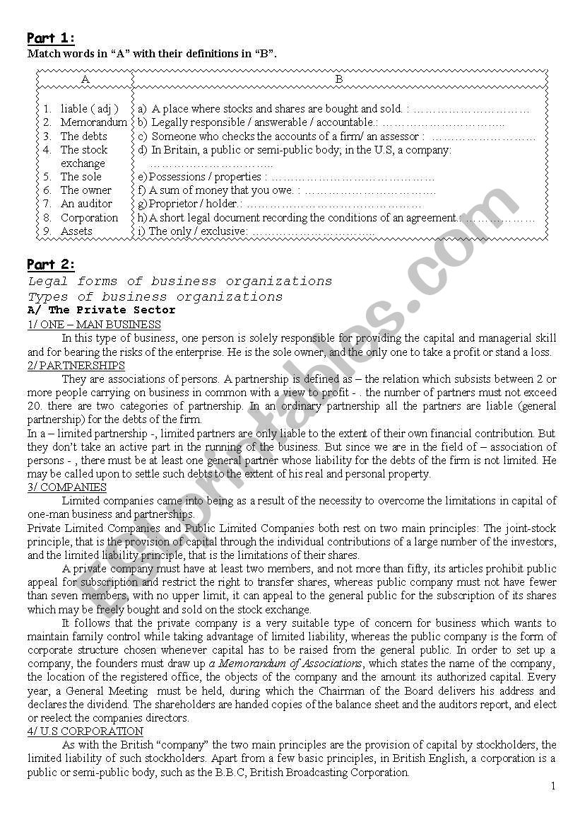 legal forms of business organizations - ESL worksheet by nadd29