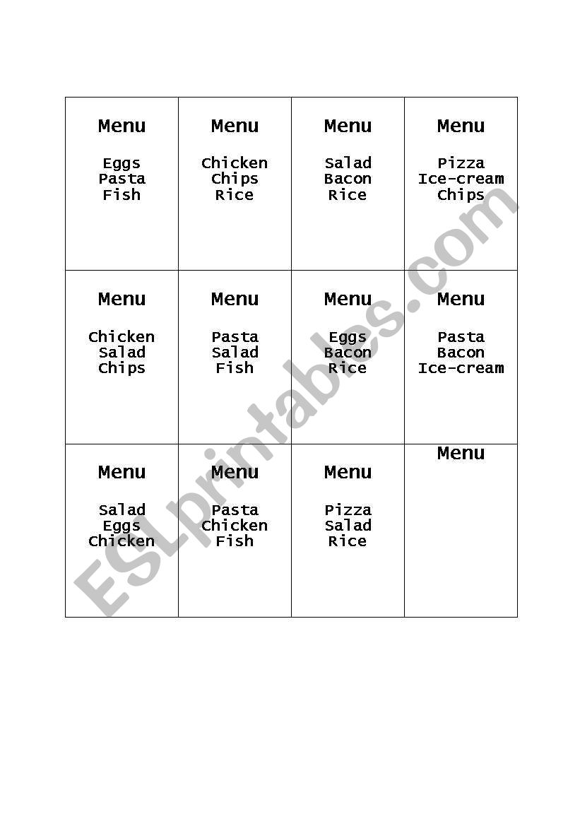 Menu worksheet