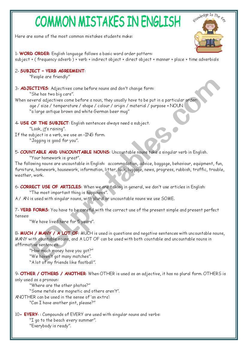 COMMON MISTAKES IN ENGLISH ESL Worksheet By Neusferris