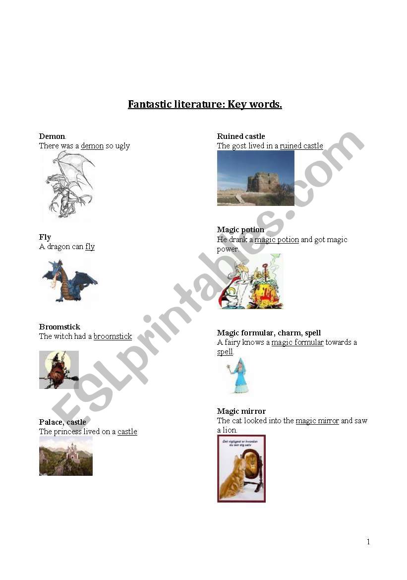 Key words in fantasy worksheet