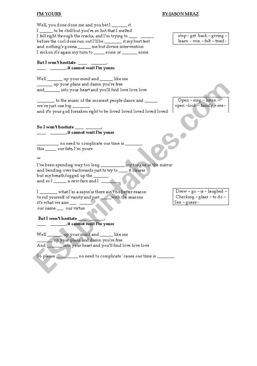 English worksheets: I`m yours