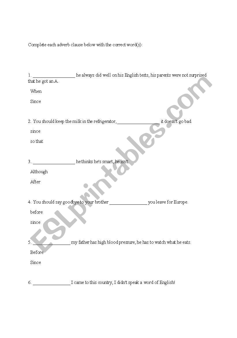 Exercises for Adverb Clauses worksheet