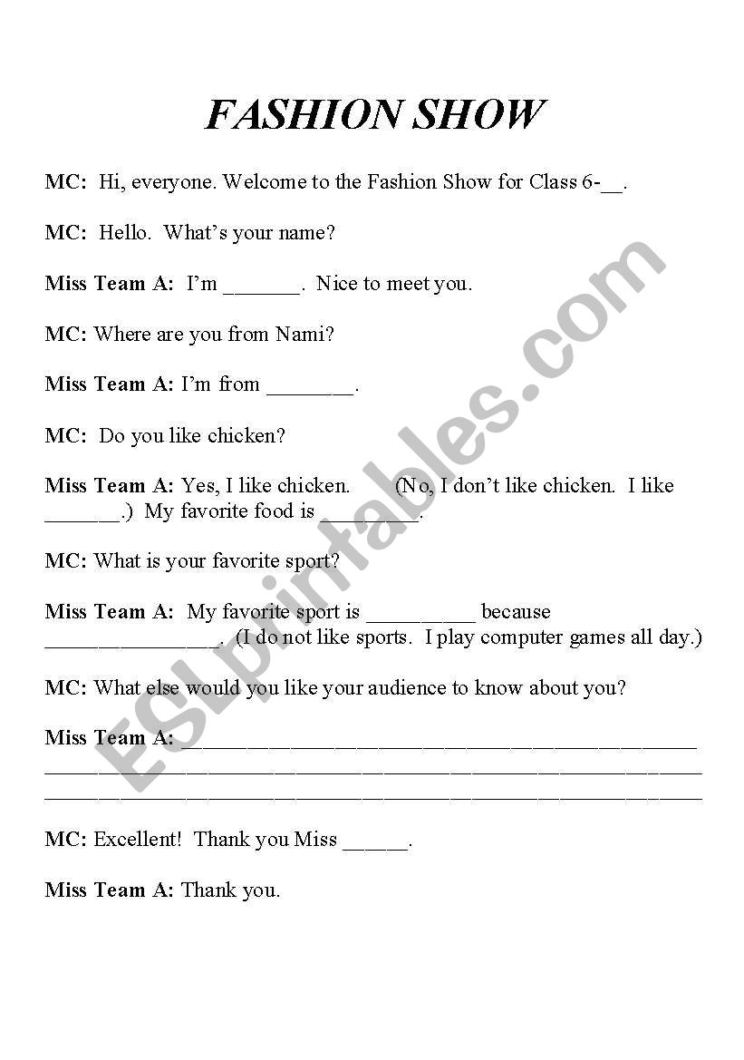 Fashion Show Role Play worksheet