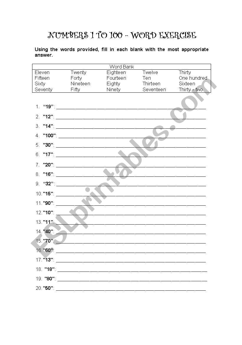 English worksheets: Numbers 1 to 100