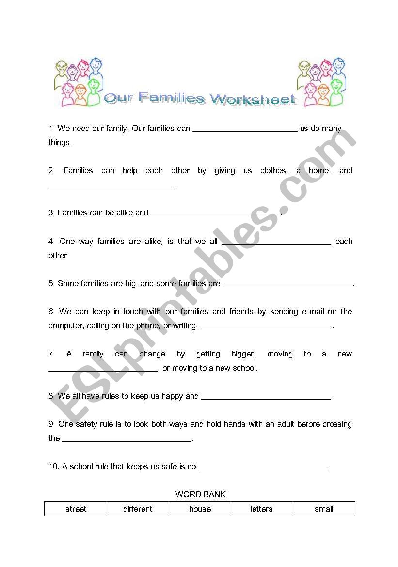 families, elem. social studies fill in the blank worksheet