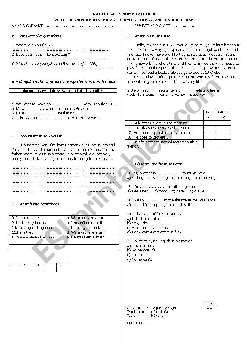 a sample examination for elementary leveled students