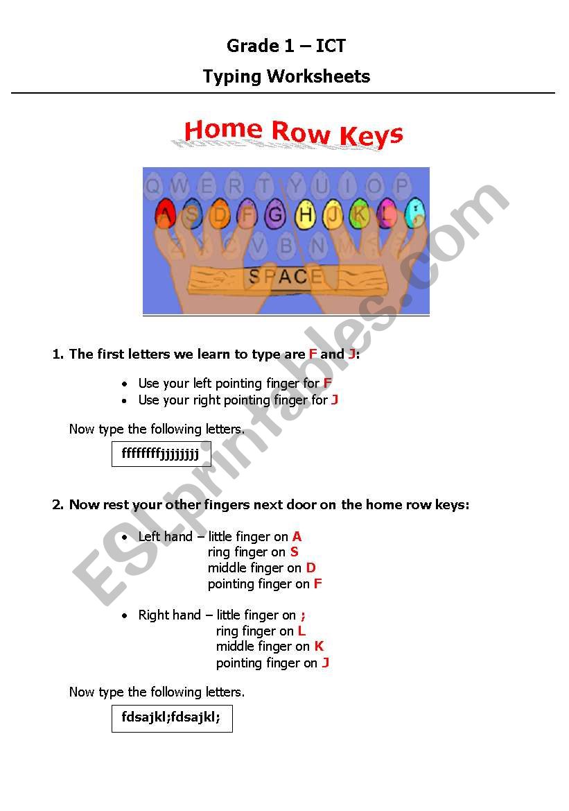 English Worksheets Home Row Keys