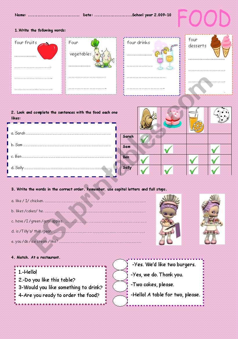 FOOD WE LIKE AND AT THE RESTAURANT - ESL worksheet by maytechuna