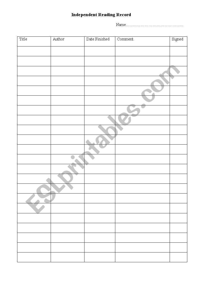 Independant Reading Record worksheet