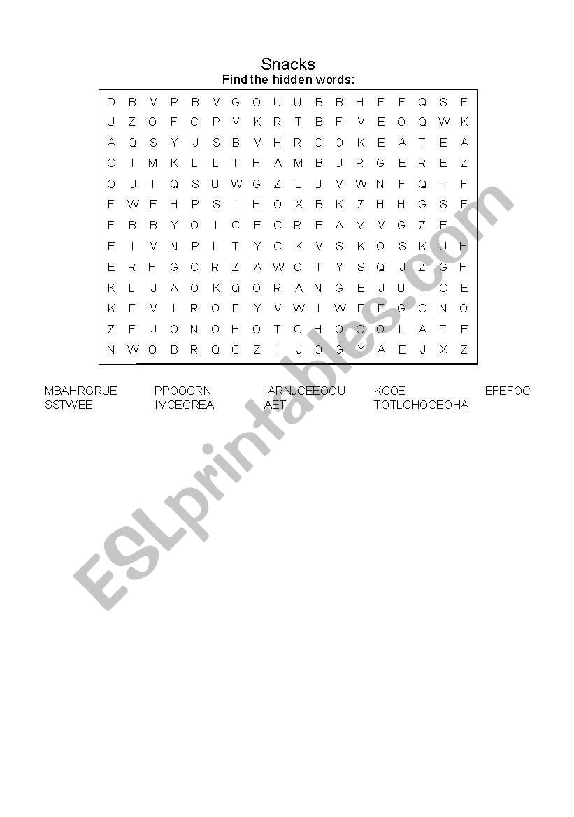 Snacks - word search worksheet