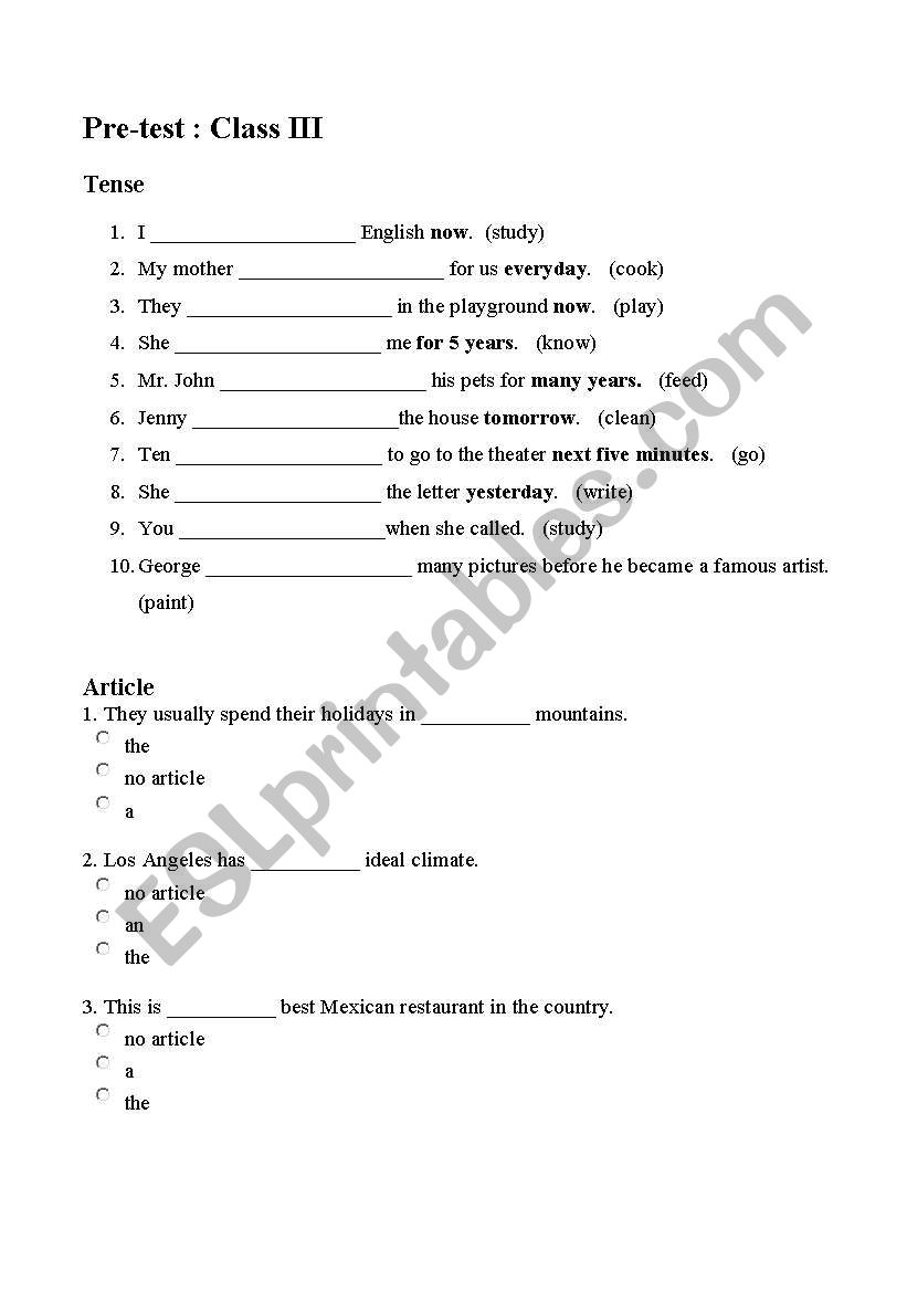 Pre-test for  primary school worksheet