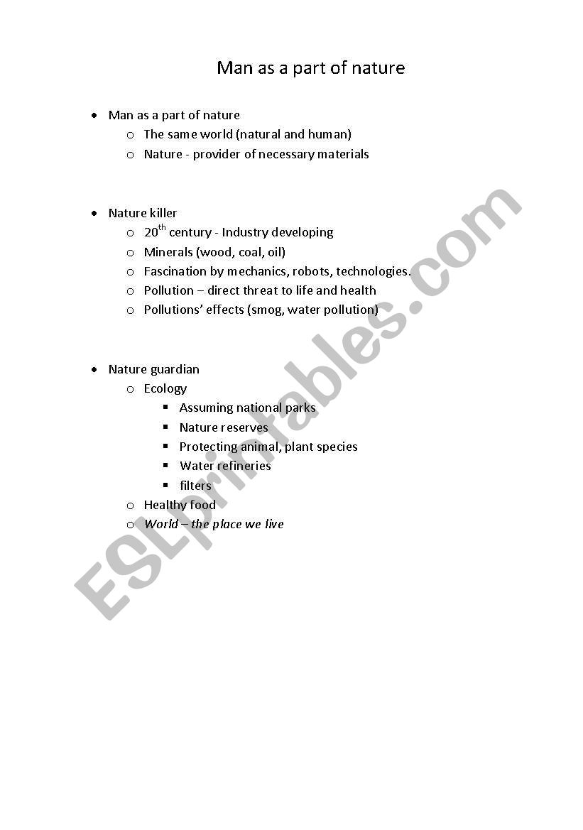 Man as a part of Nature worksheet