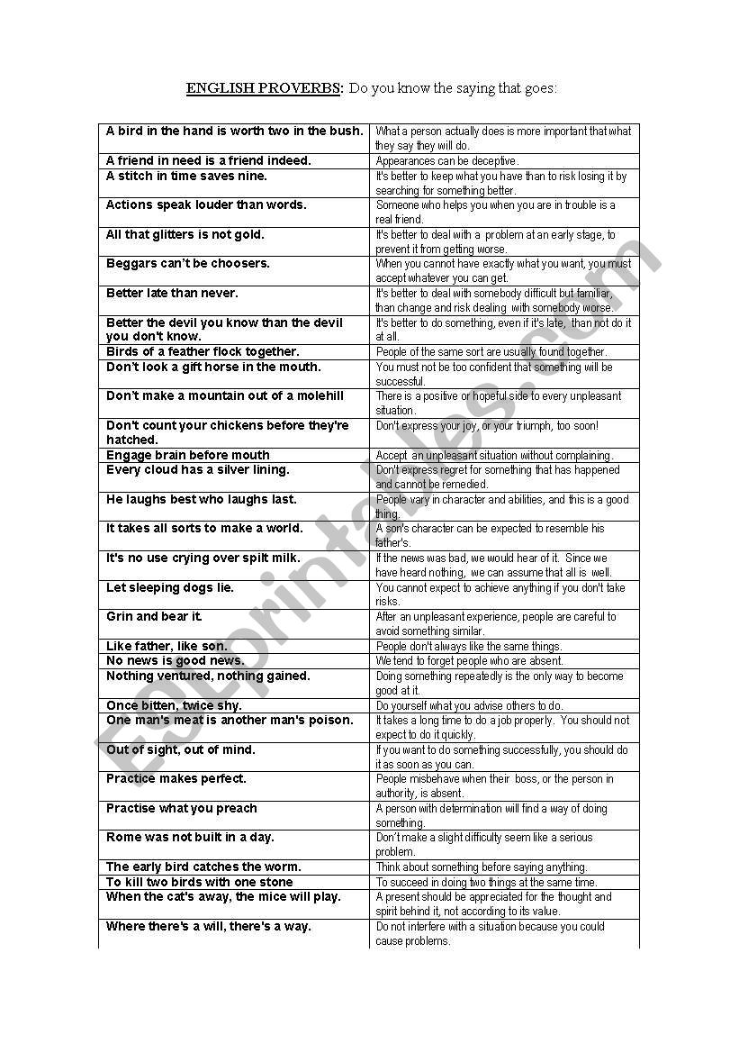 English proverbs worksheet