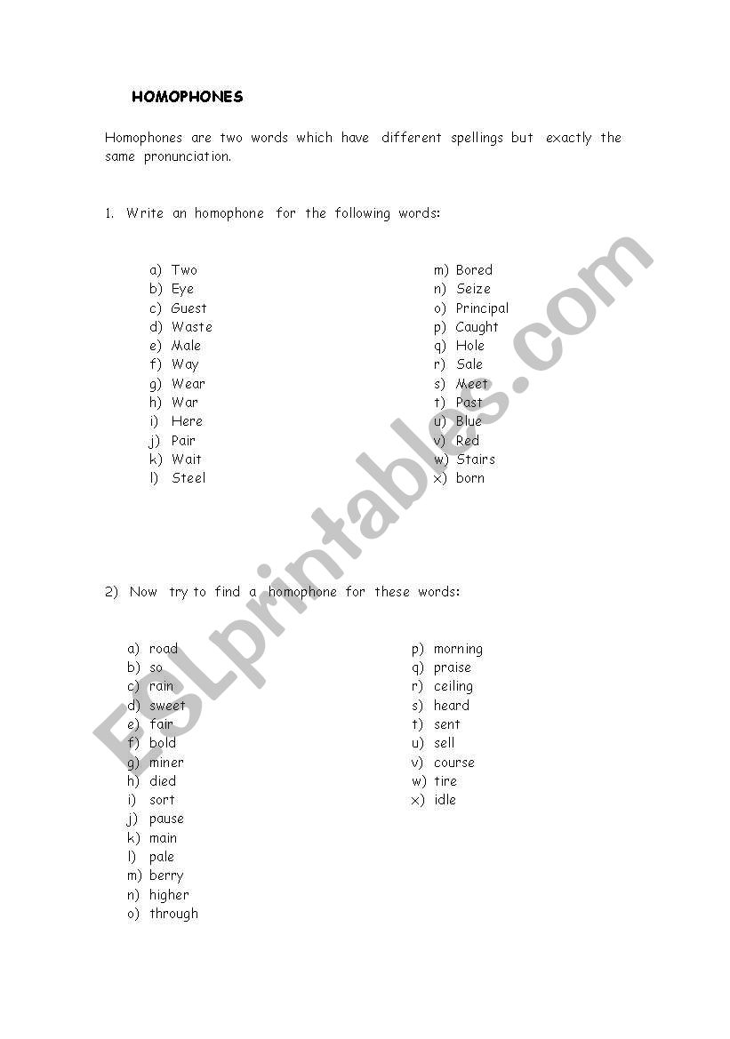 English Worksheets Homophones