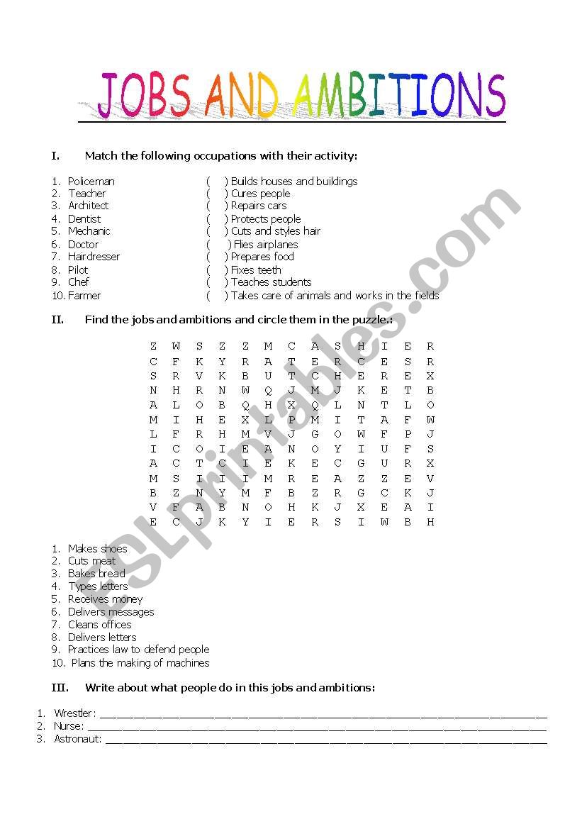 Jobs and ambitions worksheet