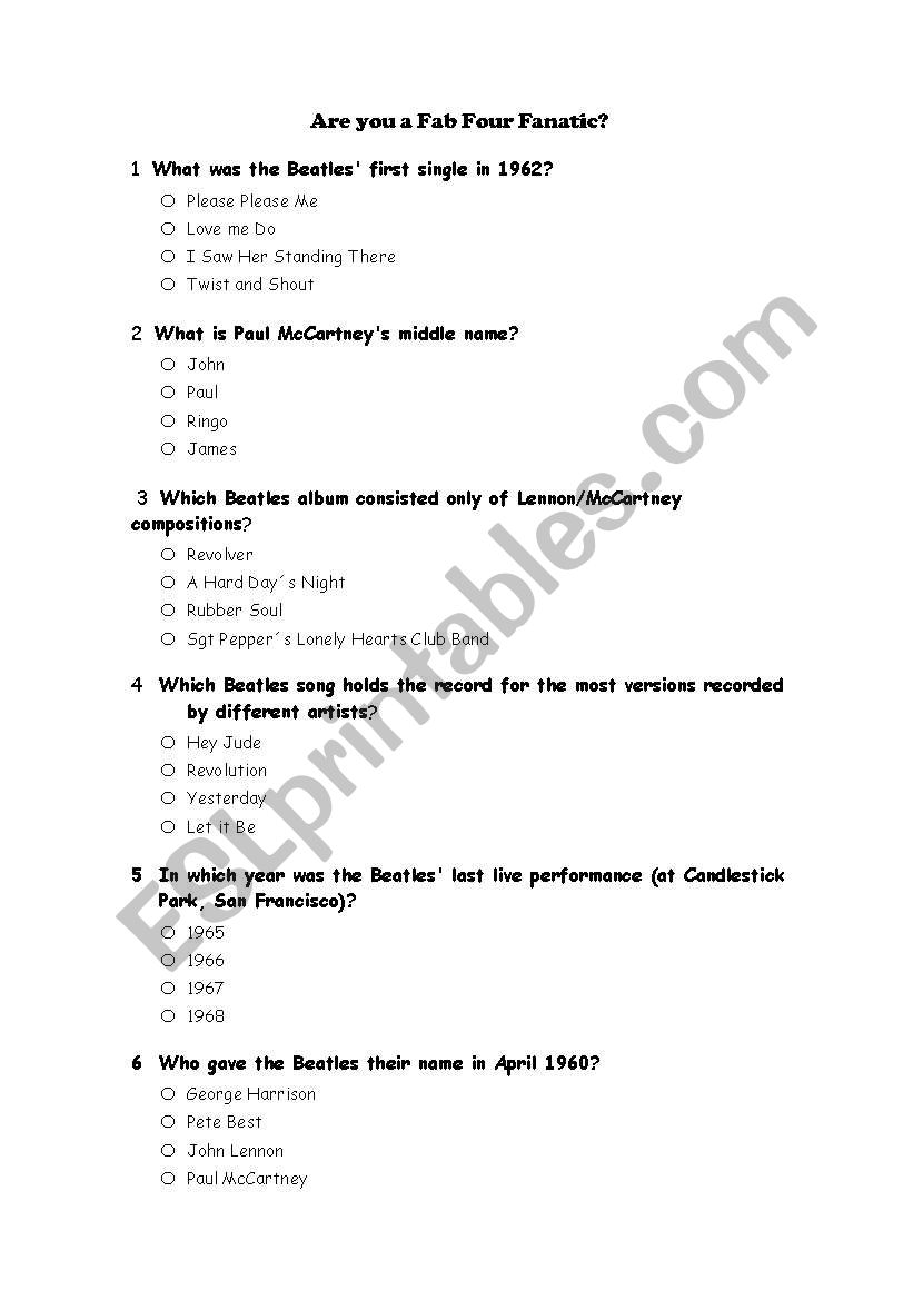 quiz about Beatles worksheet