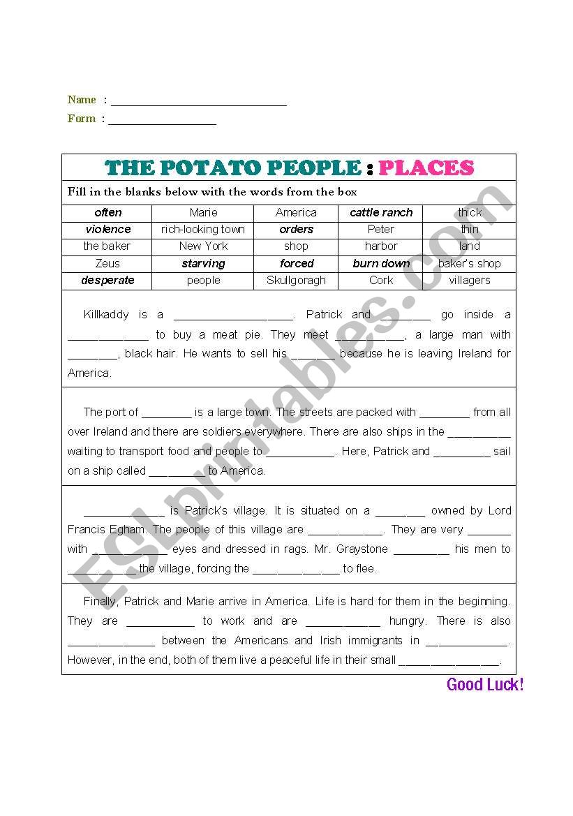 tjhe potato people - setting worksheet