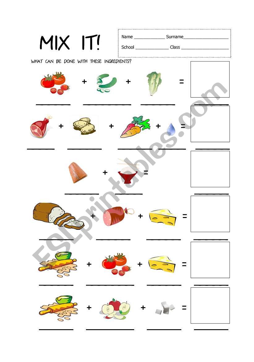 A dish from the ingredients worksheet