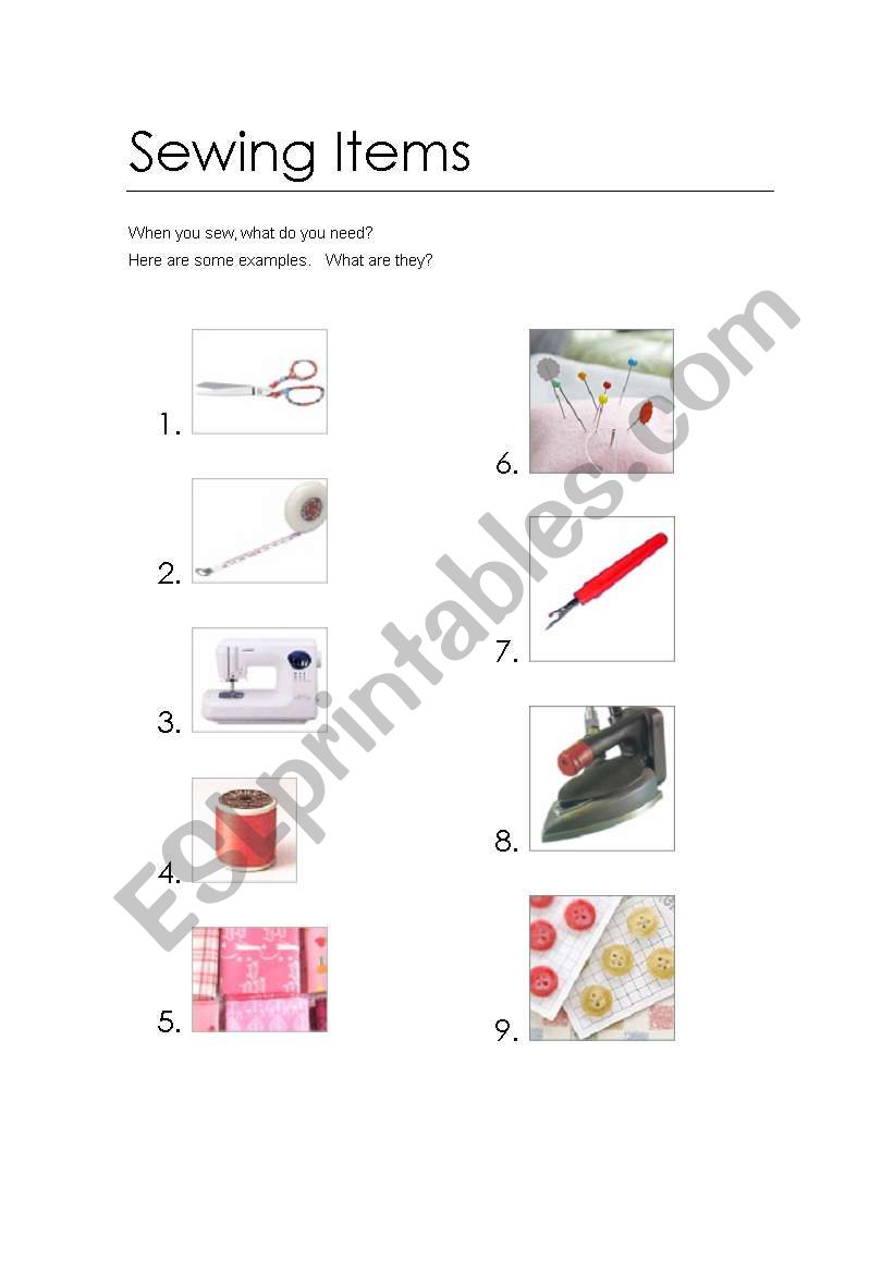 sewing tools and materials worksheet