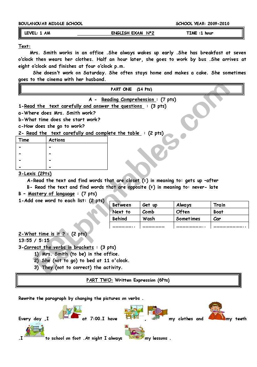 English test 1st year worksheet