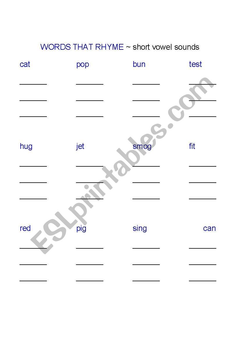 English Worksheets Short Vowel Rhyming Words