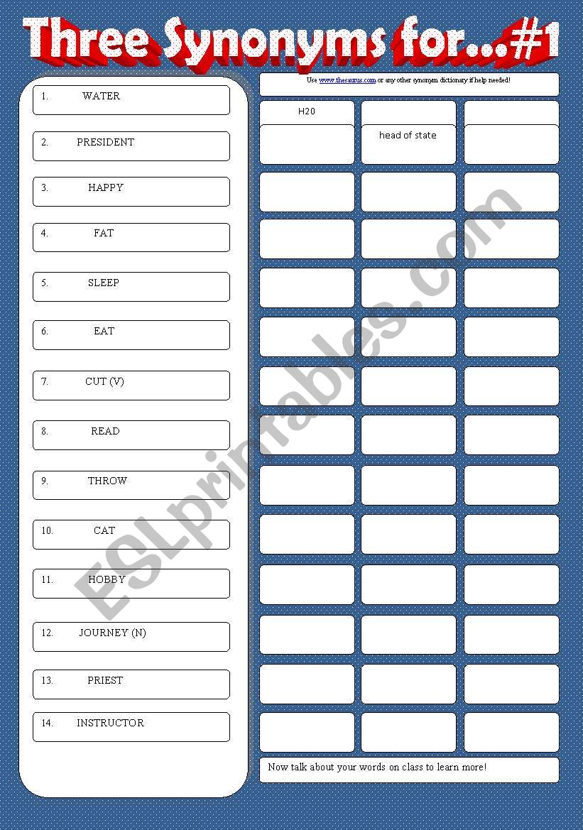 Three Synonyms For 1 ESL Worksheet By Mulle