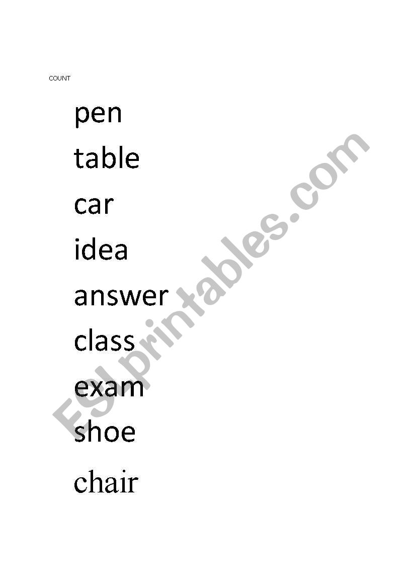 Count & Non-Count Nouns List worksheet