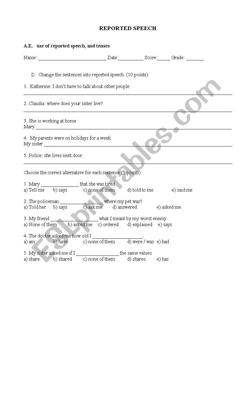 Reported Speech worksheet