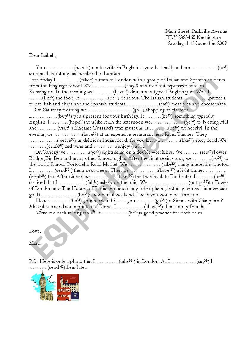 Letter - Verb tense  worksheet