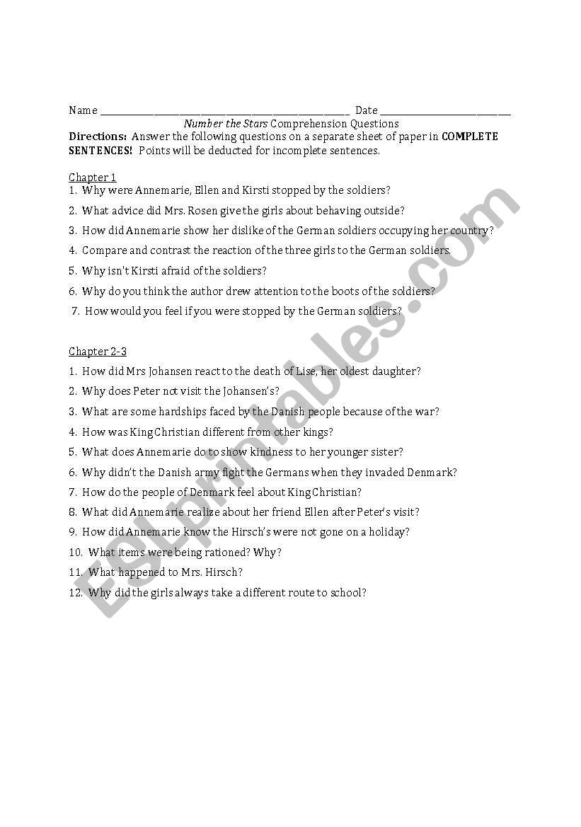 Number the Stars Questions worksheet