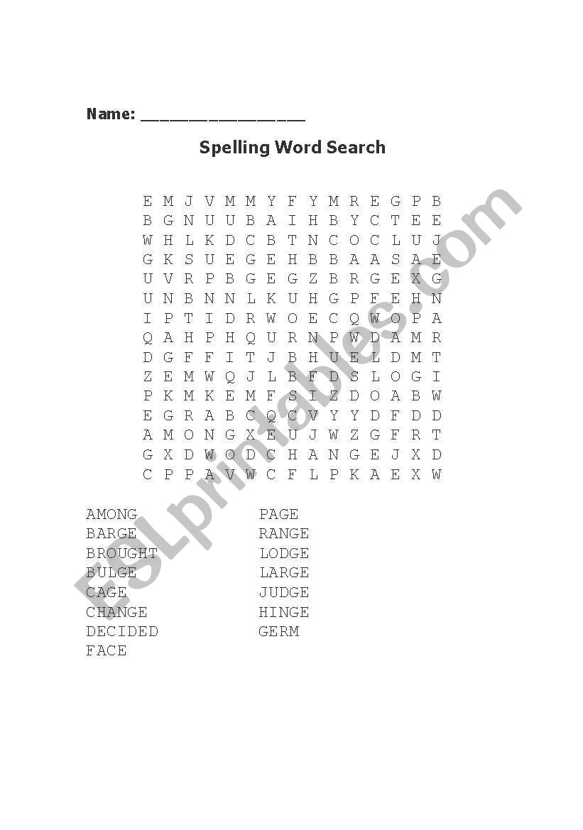 Words ending in -ge and -dge word search