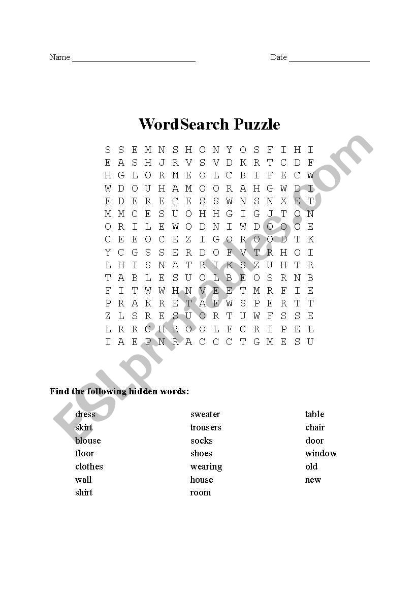 CLOTHES & HOME WORD SEARCH  worksheet