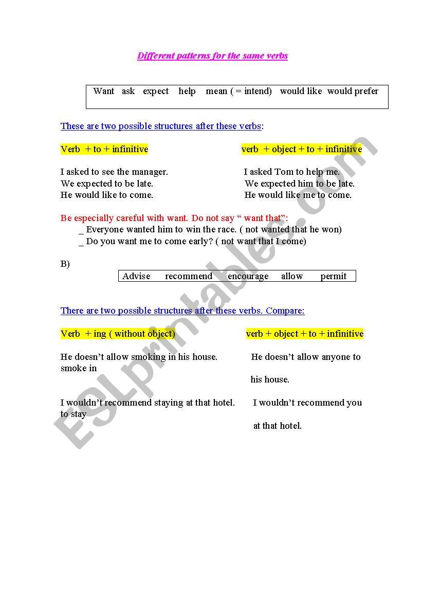 verbs patterns worksheet