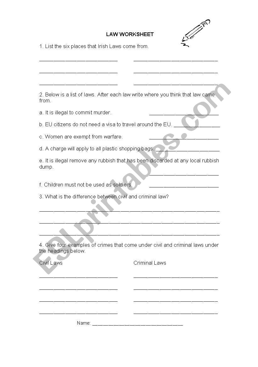 English worksheets: Law Worksheet