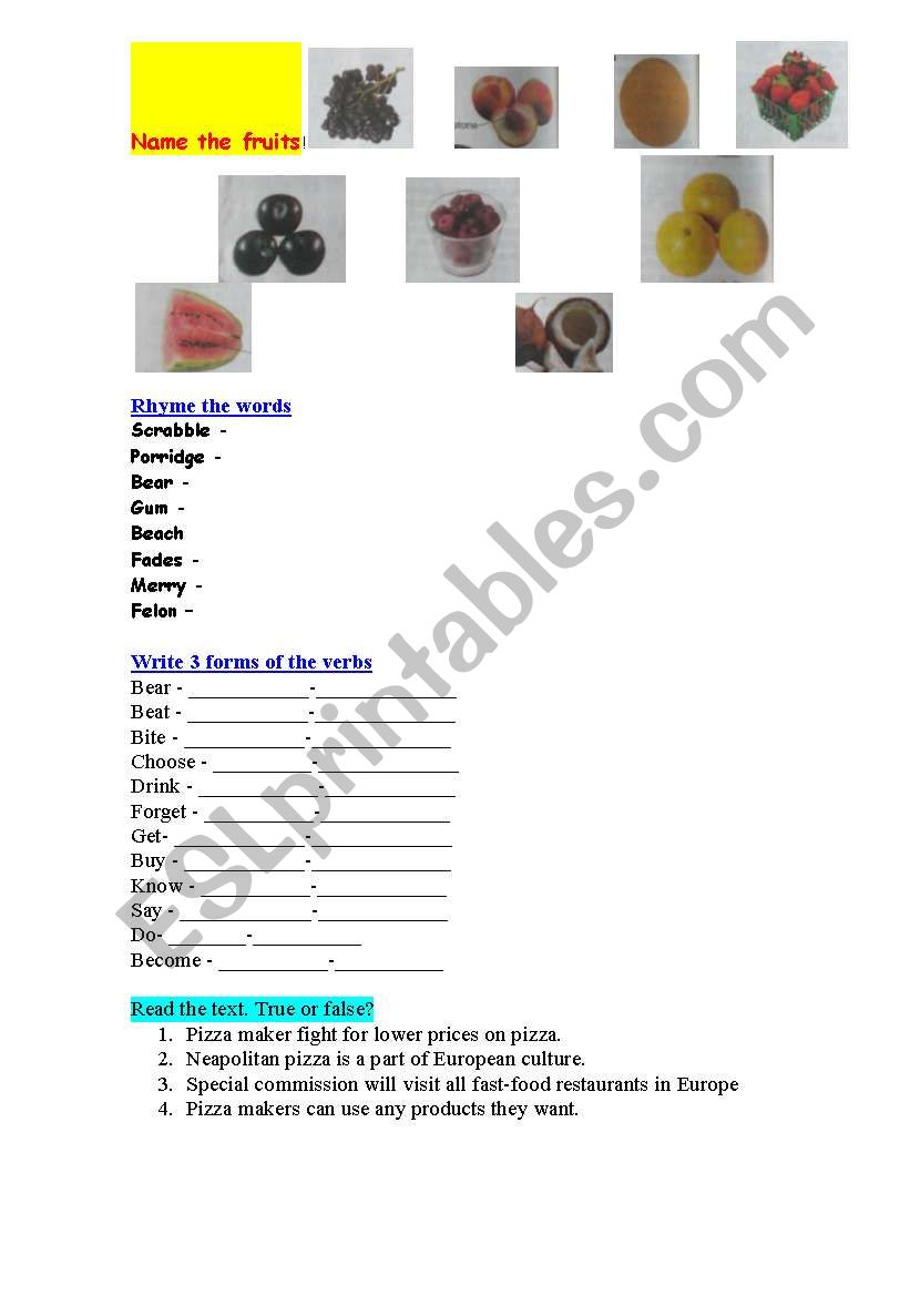 fruits, pizza worksheet