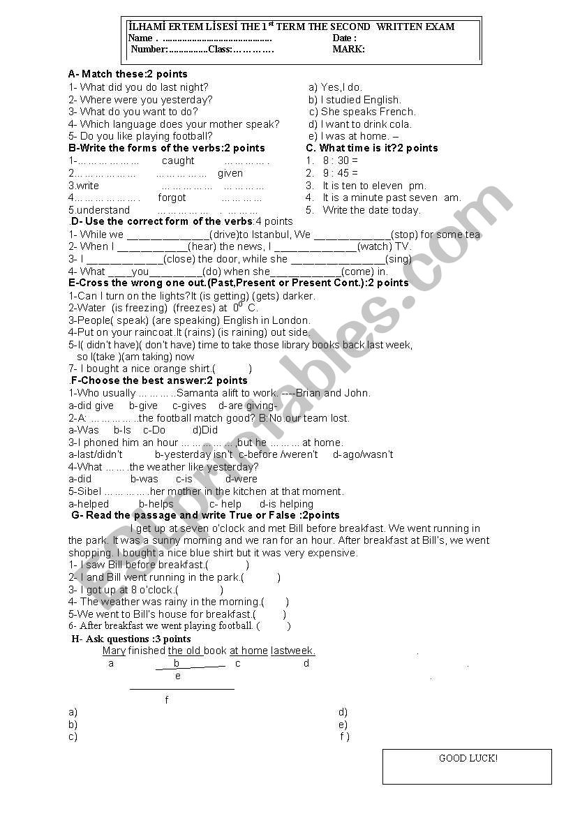  written exam worksheet