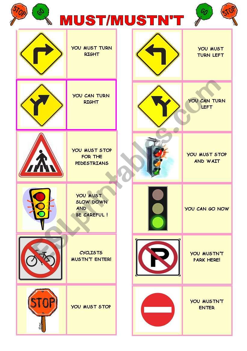 must / mustn´t traffic rules pictionary - ESL worksheet by poppyzey