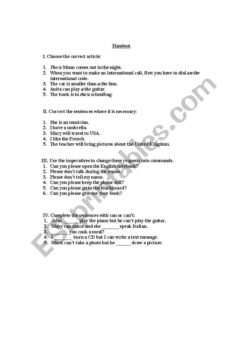 Articles and imperatives  worksheet