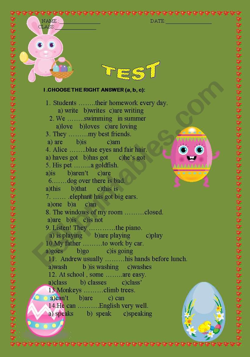 elementary verb test worksheet
