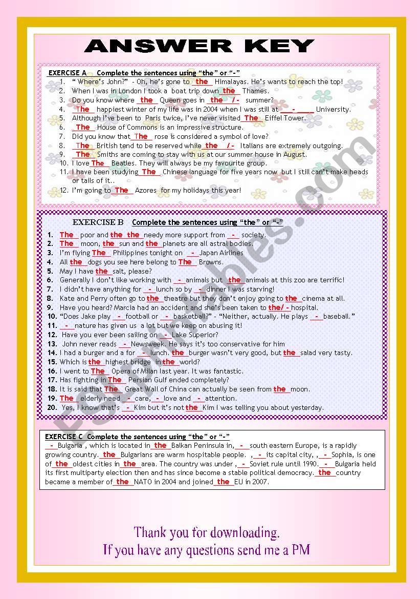 The Definite Article Complete Grammar Guide Exercises For Intermediate Students With Key Esl Worksheet By Mariamit