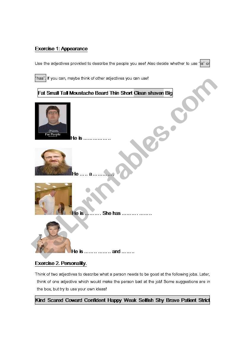 Appearance and Personality worksheet